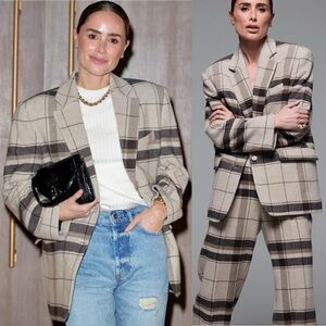 Anine Bing Quinn Blazer Khaki Plaid Italian Wool Blend Oversized Size XS